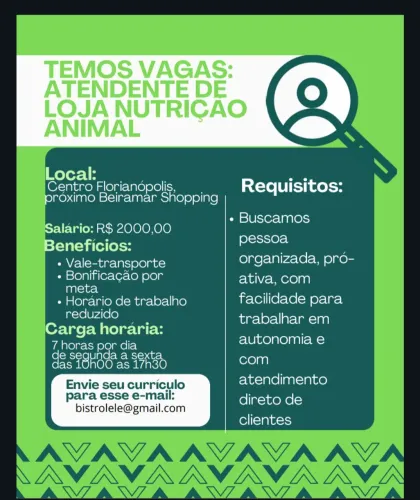 Vendedor Loja Nutriçao Animal (centro Florianópolis)