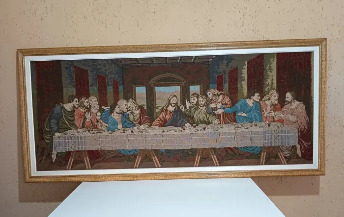 Quadro Religioso Antigo Tecido  A Última Ceia - Peça de Coleção e Decoração