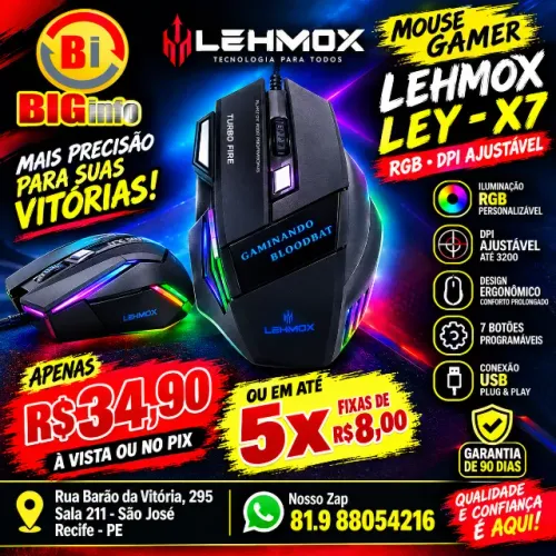 Mouse Lehmox Gamer RBG DPI Ajustável LEY - X7 - Novo