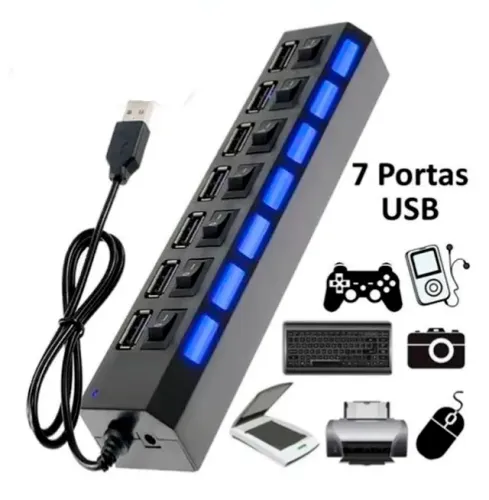 Hub Usb 2.0 7 Portas C/ Chave Individual Led Alta Velocidade Cores Preto e Branco