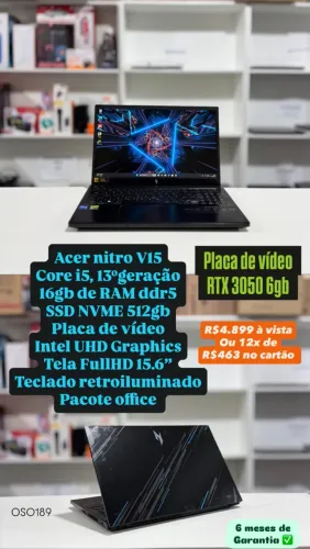 Notebook Gamer Acer Nitro V15 - i5 13ª Geração, RTX 3050 6GB, 16GB DDR5, SSD 512GB 