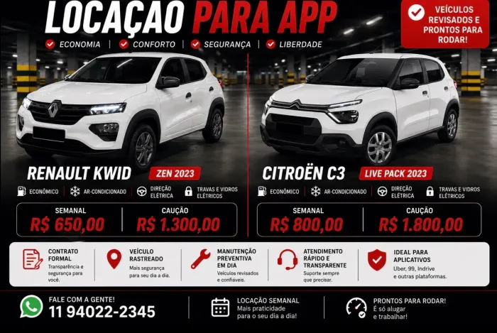 Locação aluguel  aluga alugo veículo carro motorista aplicativo app Uber 99 Kwid / C3 