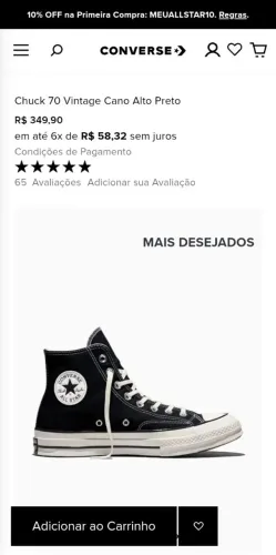 All Star Chuck 70 Vintage Cano Alto Preto