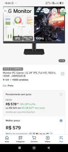 Monitor PC Gamer LG 24" IPS, FulI HD, 100Hz,<br>HDMI- 24MS500-B