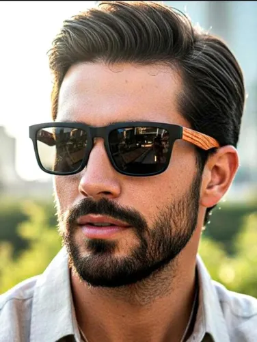 Óculos de Sol Masculino Moderno com Armação Preta e Hastes Amadeiradas Estilo Casual