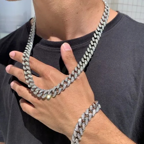 Kit Cuban Cravejado Corrente + Pulseira - Moda Masculina / Feminina / Joias / Acessórios