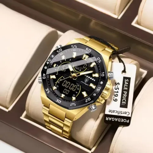 Relógio Poedagar E101 Masculino 30 Metros Cronometro Pulseira Aço Dourado Preto com Caixa