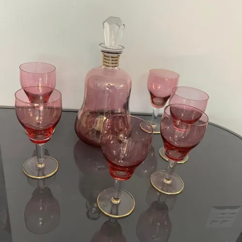 Licoreiro cristal rosado com 6 taças