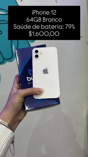 iPhone 12 / 64GB / Branco / Saúde de Bateria: 79% / loja fisica / $1.600,00
