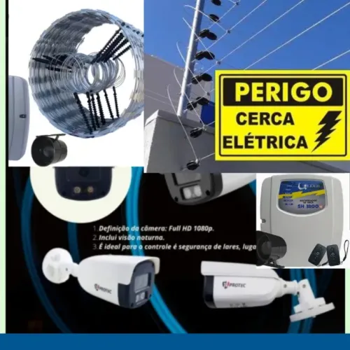 Câmera de segurança, cerca elétrica, motor de portão, alarme, concertina 