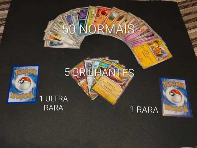 57 cartas POKÉMON original sem repetir - 50 normais + 5 brilhantes + 1 RARA + 1 ULTRA RARA