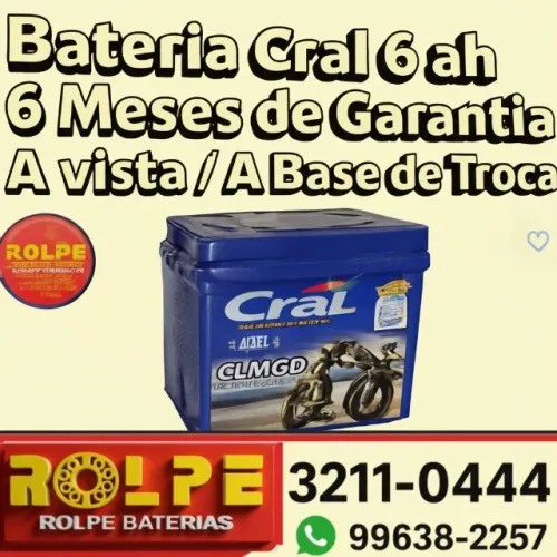 Bateria Moto 6Ah Cral CAIXA BAIXA - Compatível com CG, BROS e Outros Modelos  \