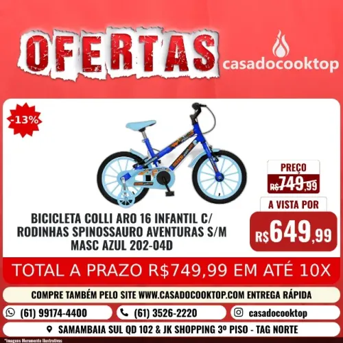 BICICLETA COLLI ARO 16 INFANTIL C/ RODINHAS SPINOSSAURO AVENTURAS S/M MASC AZUL 202-04D