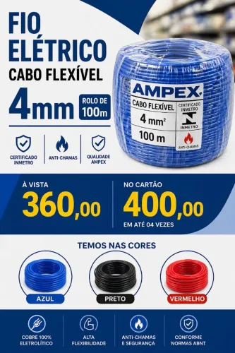 Fio Elétrico Cabo Flexível 4mm Rolo de 100m - Certificado INMETRO | Anti-chamas | Ampex