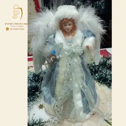 Topo De Árvore Anjo 30 cm Decoração De Natal Prata Branco- PORCELANA-LUXO- USADO