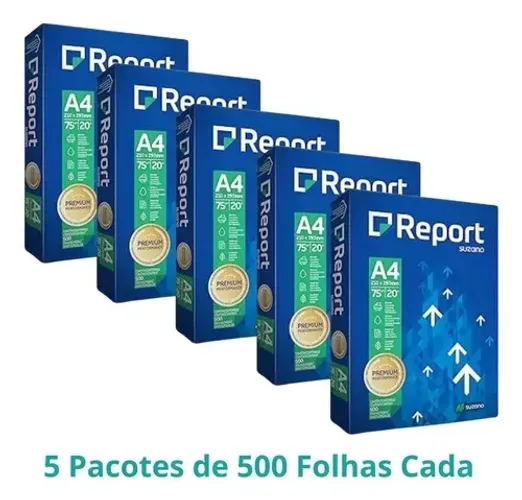 Papel Sulfite A4 Branco Report 500 folhas - Kit com 5 pacotes