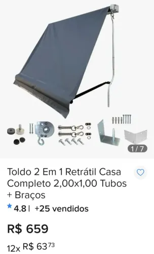 Toldo 2 em 1 retrátil 2m X 1m, com tubos e braços, completo e fácil de instalar