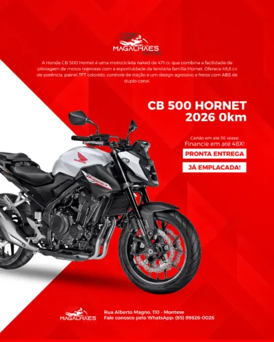 Hornet 500 ABS 2026 (0km, já emplacada!) - Financiamento bancário e cartão