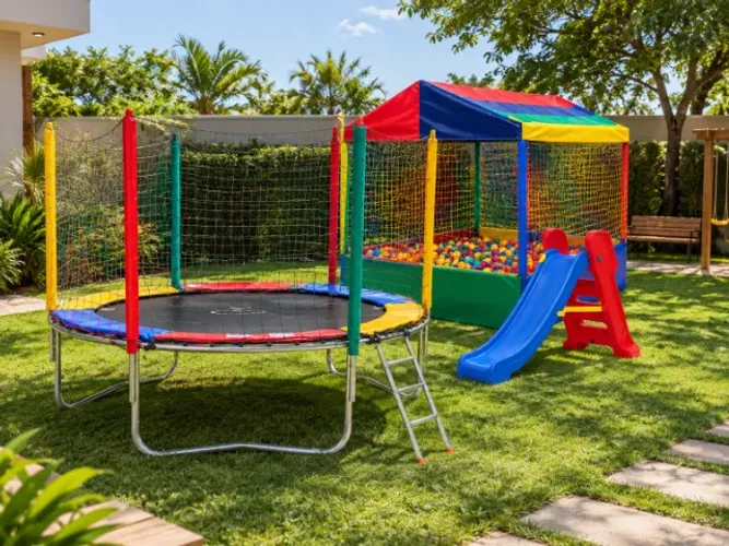PULA-PULA COM PISCINA DE BOLINHAS E ESCORREGADOR
