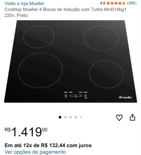 Cooktop Mueller 4 Bocas de Indução com Turbo Mci014bg1 220v, Preto