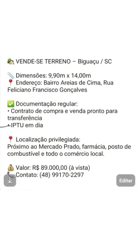 Vendo terreno medindo 9.90 x14 bairro areias de cima cidade biguacu ótima localizações
