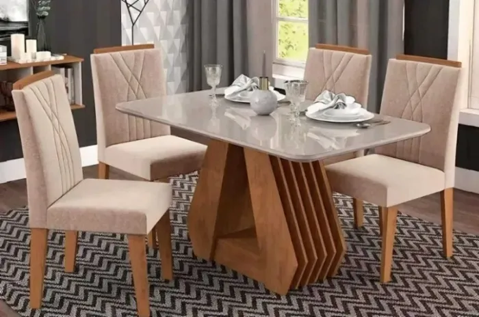 ? CONJUNTO SALA DE JANTAR MESA ÁGATA 1,30M COM TAMPO DE VIDRO + 4 CADEIRAS NICOLE - FRET
