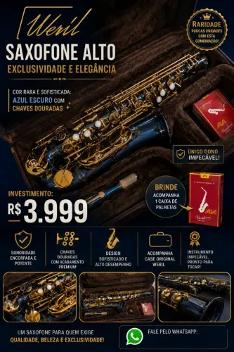 **Saxofone Alto Weril - Azul Escuro com Chaves Douradas | Raridade | Impecável**