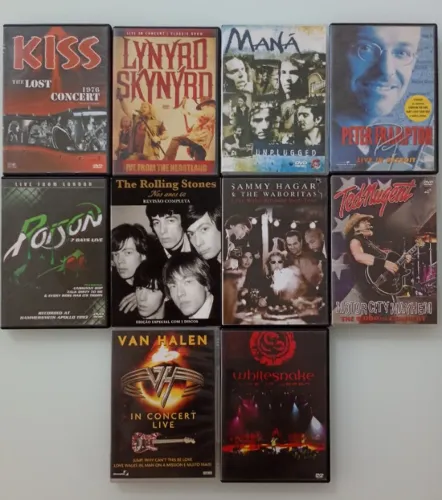 DVDs rock KISS, Frampton, Poison, Rolling Stones, Ted Nugent, Van Halen, Whitesnake e mais