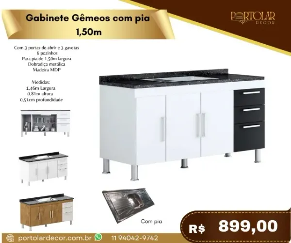 Gabinete de Pia Gêmeos com pia 1,50m a pronta entrega