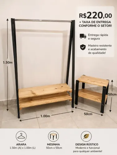 Kit para quarto arara para roupas + mesinha auxiliar