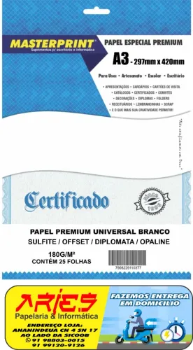 PAPEL OFFSET SULFITE OPALINE DIPLOMATA A3 180G MASTERPRINT 25 FOLHAS