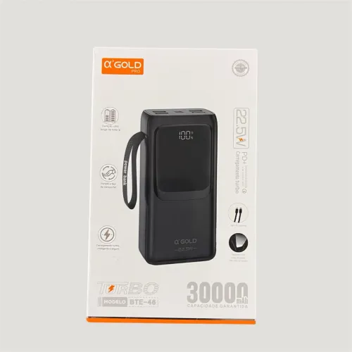 Carregador Portatil 30000mAh Turbo 22.5W Display Digital Cabo Embutido aGOLD
