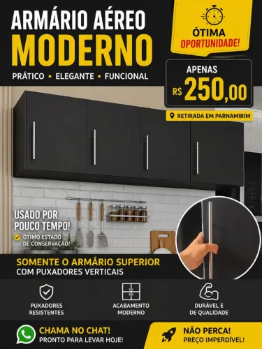 ? OPORTUNIDADE! Armário Aéreo Moderno Preto com Puxadores Inox - Semi Novo - R$ 250