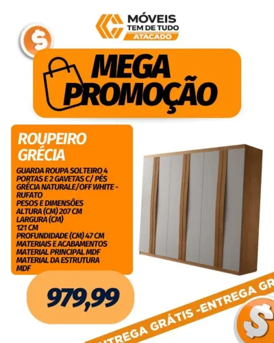 SUPER PROMOÇÃO ROUPEIRO GRÉCIA SOLTEIRO