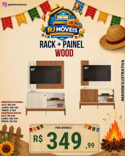 ?349,99 - PROMOÇÃO painel + rack wood - tv até 42 polegadas