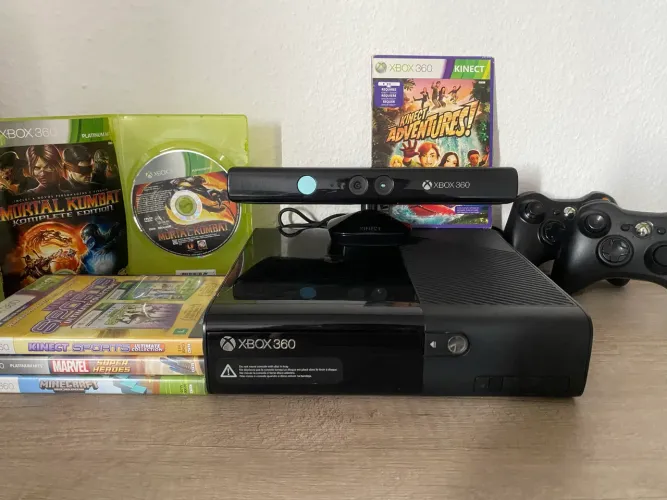Xbox 360 + 2 controles +kinect (com jogos) + 6 jogos midia fisica originais na caixa