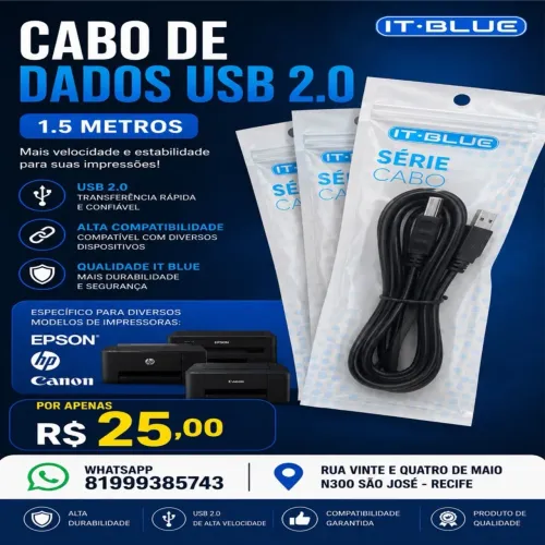 Cabo de dados USB 2.0 específico para diversos modelos de impressoras Epson, HP e Canon