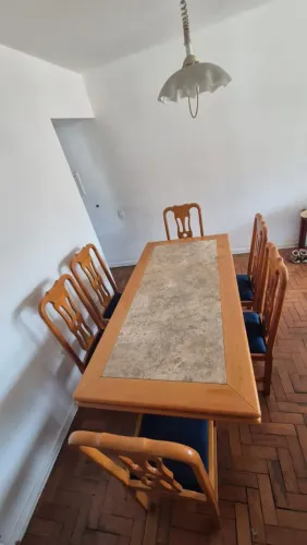 MESA DE JANTAR - conjunto de mesa de jantar c 6 cadeiras - madeira c tampo em pedra.