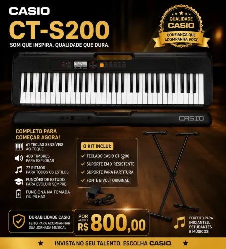 TECLADO CASIO CASIOTONE CT-S200 PRETO + KIT - 100% SEMI NOVO!
