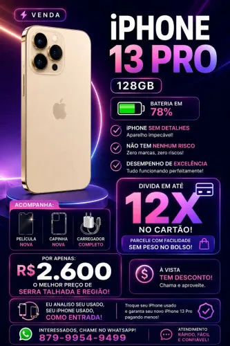 IPHONE 13 PRO 128G,MELHOR PREÇO DE SERRA TALHADA E REGIÃO,DIVIDO NO CARTÃO EM ATÉ 12X