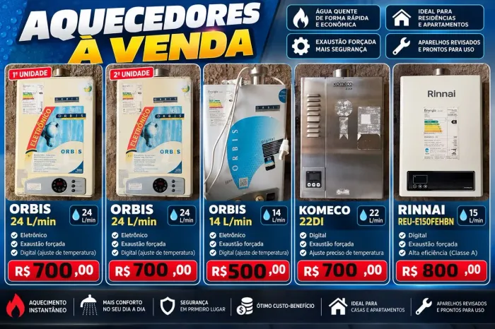 Aquecedores a gás semi novos komeco, Orbis, Rinnai, Rheem, Inova