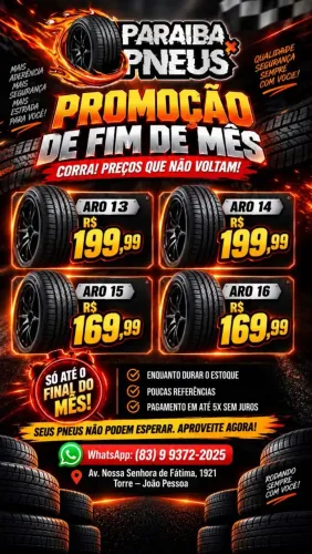 Promoção Pneus - Aros 13, 14, 15 e 16 a partir de R$ 169,99 | Paraíba Pneus