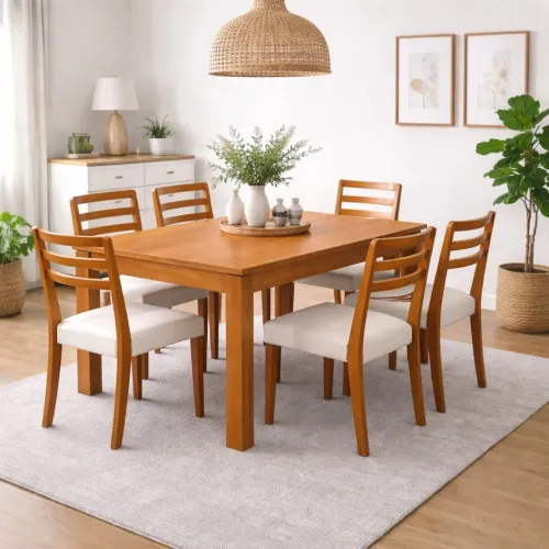 Mesa Jantar 1,80m 6 Cadeiras Madeira  Mel/Linho Palha tt32