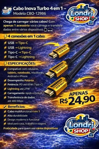 CABO CELULAR INOVA TURBO 4 EM 1 - MODELO CBO-12986