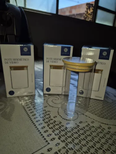 Kit 3 Potes Herméticos de Vidro Tampa Bambu 300ml