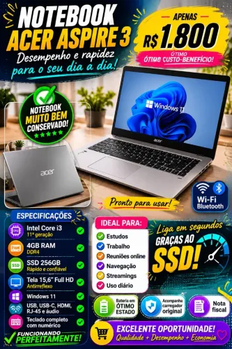 Notebook Acer Aspire 3 | Intel Core i3 11ª Geração | SSD 256GB |