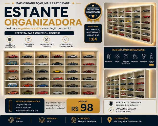 Estante Organizadora para Hot Wheels, Matchbox e Miniaturas - 40 Nichos - R$ 98