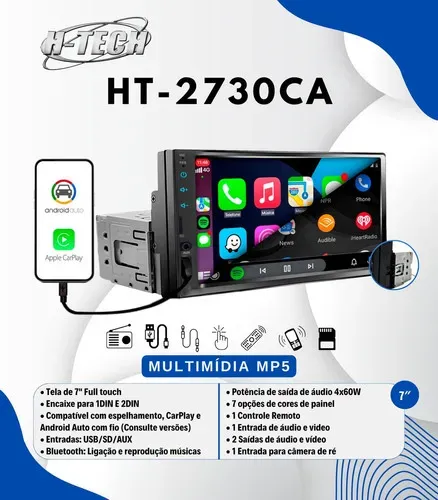 Multimídia 1 Din H-tech Mp5 7 Pol Ht-2730ca Carplay android auto Espelhamento Cor Preto