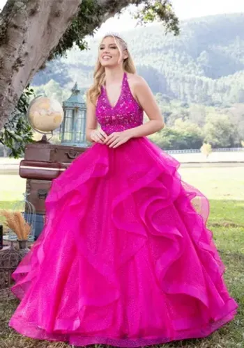 Vestido debutante curto e saia longa removível, cor fúcsia