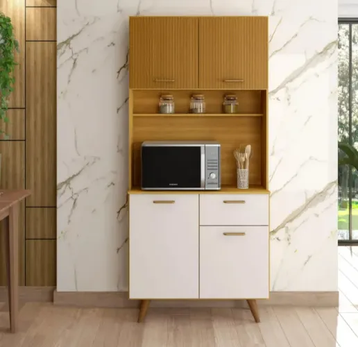 Kit Armário Para Cozinha Compacta Izis Freijó/Off White Com Detalhe Ripado Em 3d Na Madeir